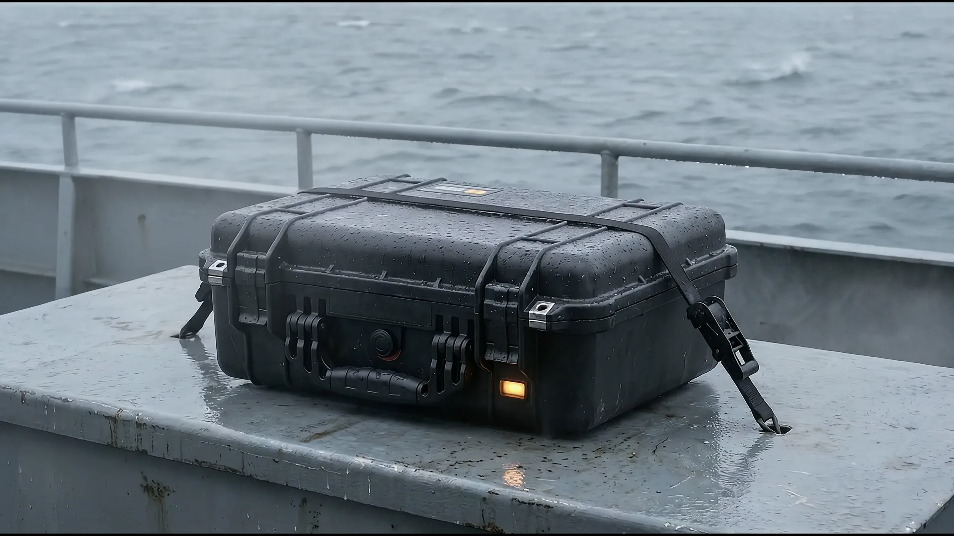 The closed case strapped down on a ship's deck.