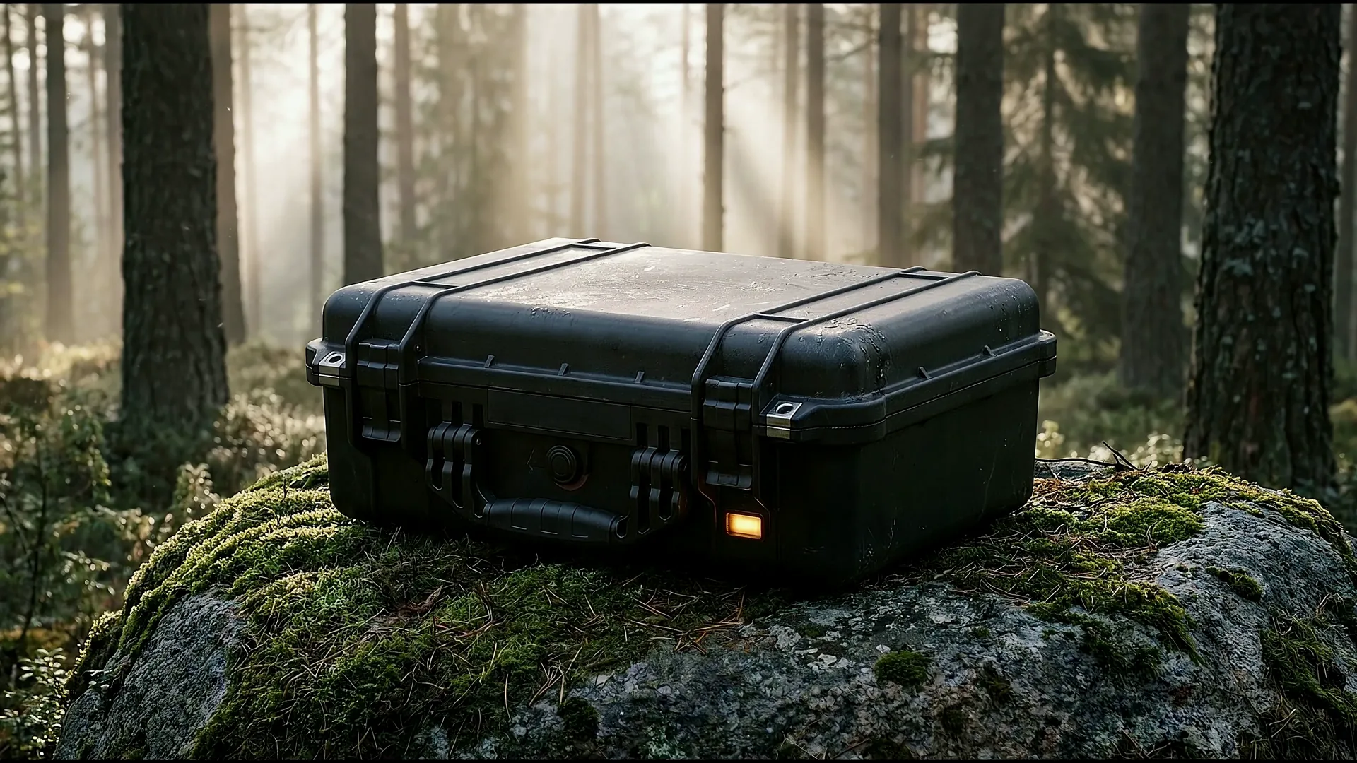 The closed case on a mossy rock in a forest.